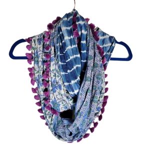 DVF blue and white tie dye floral boho circle scarf with purple fringe